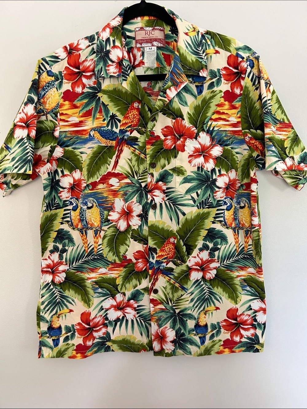 Vintage RJC Men’s Tropical Floral/Bird Print Button Down Shirt 100% Cotton